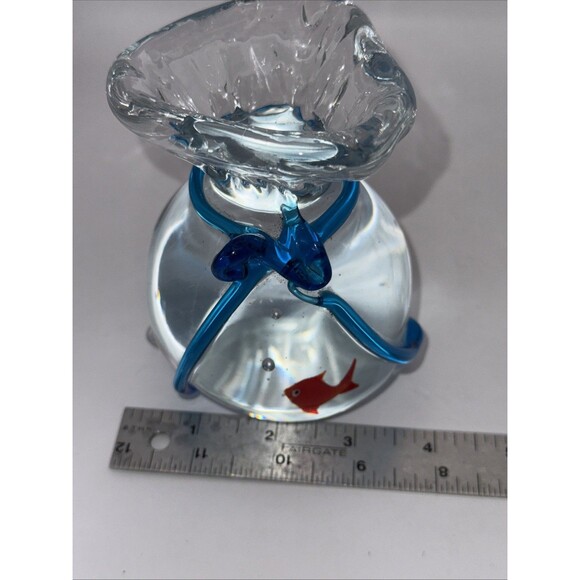 Murano Style Glass Goldfish In Bag Blue Tie Paperweight 4.25” Controlled Bubbles - Picture 7 of 7